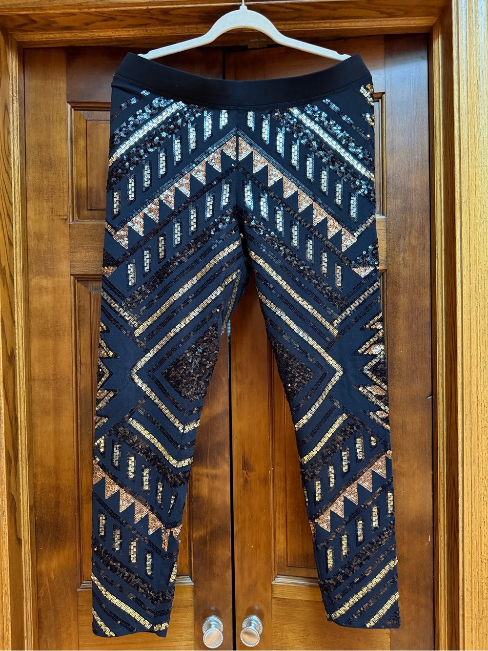 Express Black High-Rise Stretch Leggings with Black and Gold Sequin Print